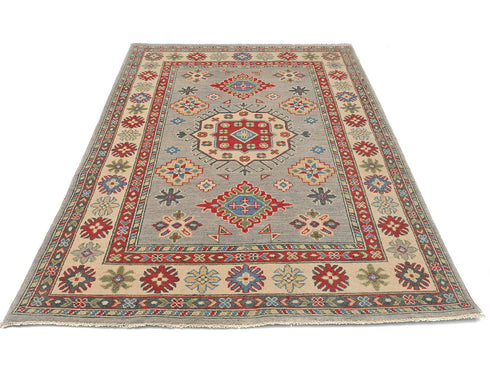 4x6 Gray Kuba Afghan Hand Knotted Wool Area Rug